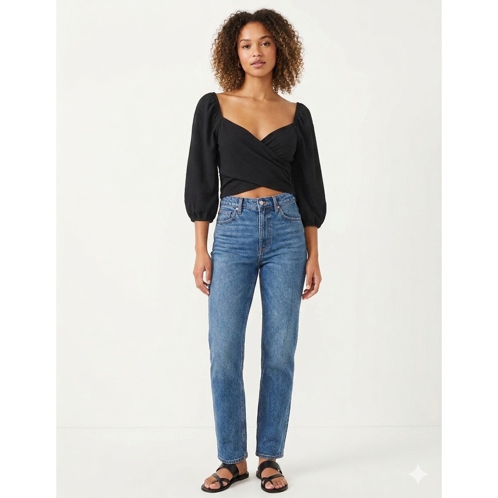 Maeve Anthropologie Black Boho Crop Wrap Top Puff Sleeve Medium Sweetheart Neck